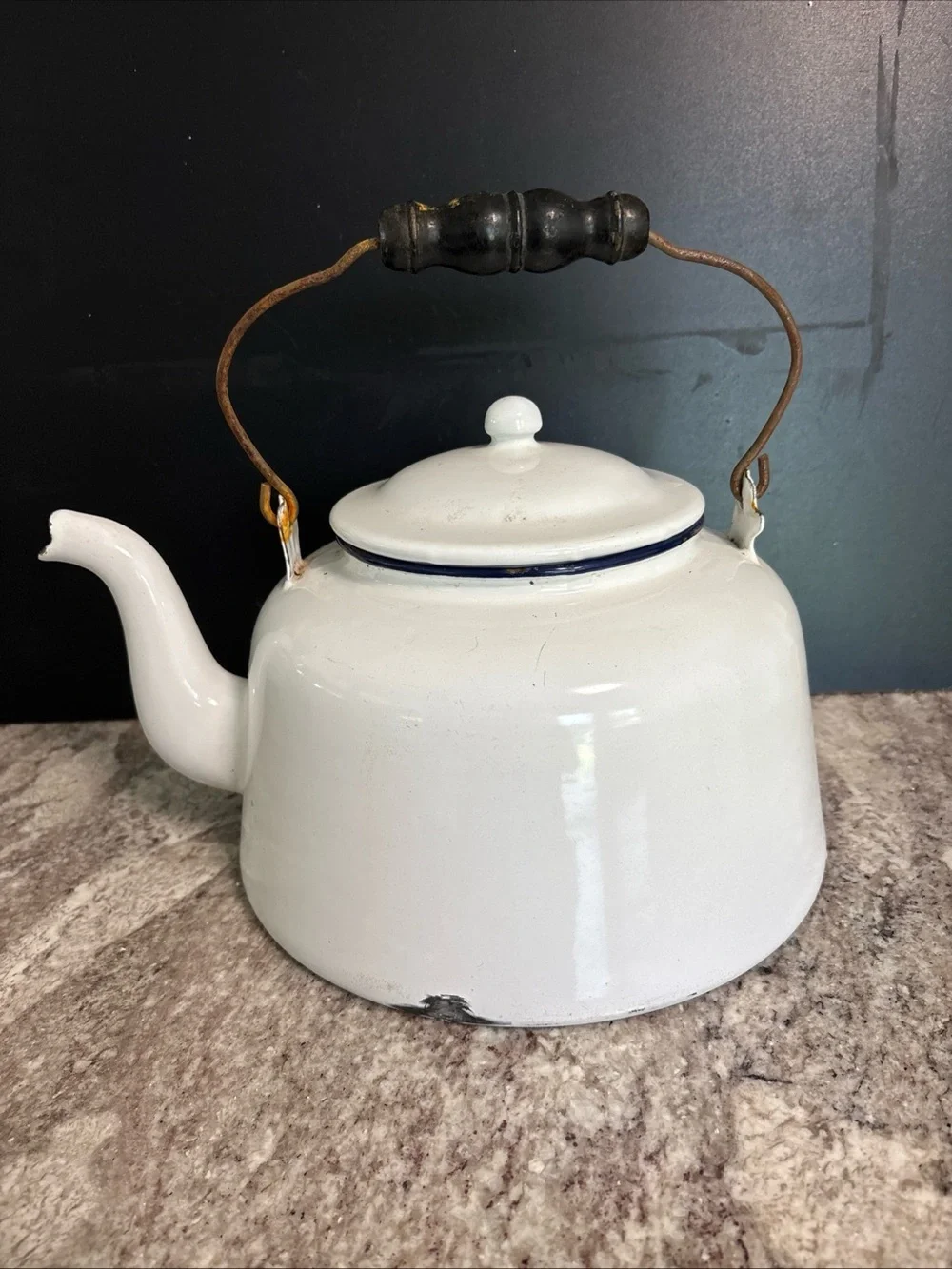 Vintage Large Enamel Tea Kettle Pot White  Ware W/ Wood Handle, Lid Farmhouse